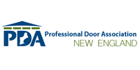 Logo for the Professional Door Association New England, featuring a stylized blue and green roof icon over the text 