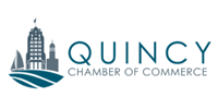 Logo for the Quincy Chamber of Commerce featuring an illustration of a city building, a sailboat, and blue wave graphics.
