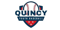 Logo for Quincy Youth Baseball featuring a baseball inside a circular frame with text and three stars on a shield.