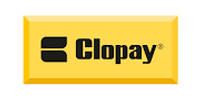 The Clopay logo, featuring black text on a yellow rectangular background with a stylized icon on the left.