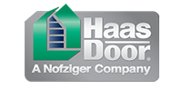 Logo for Haas Door, a Nofziger Company, featuring a stylized green house icon next to white text on a gray background.