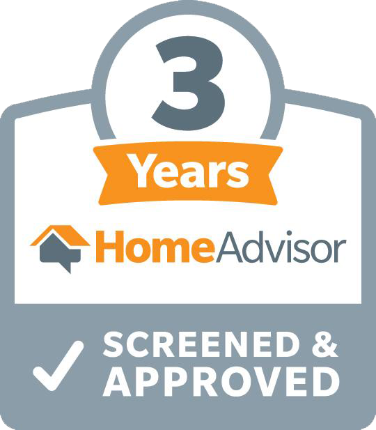 HomeAdvisor 3-year Screened & Approved badge. Grey and orange with check mark.