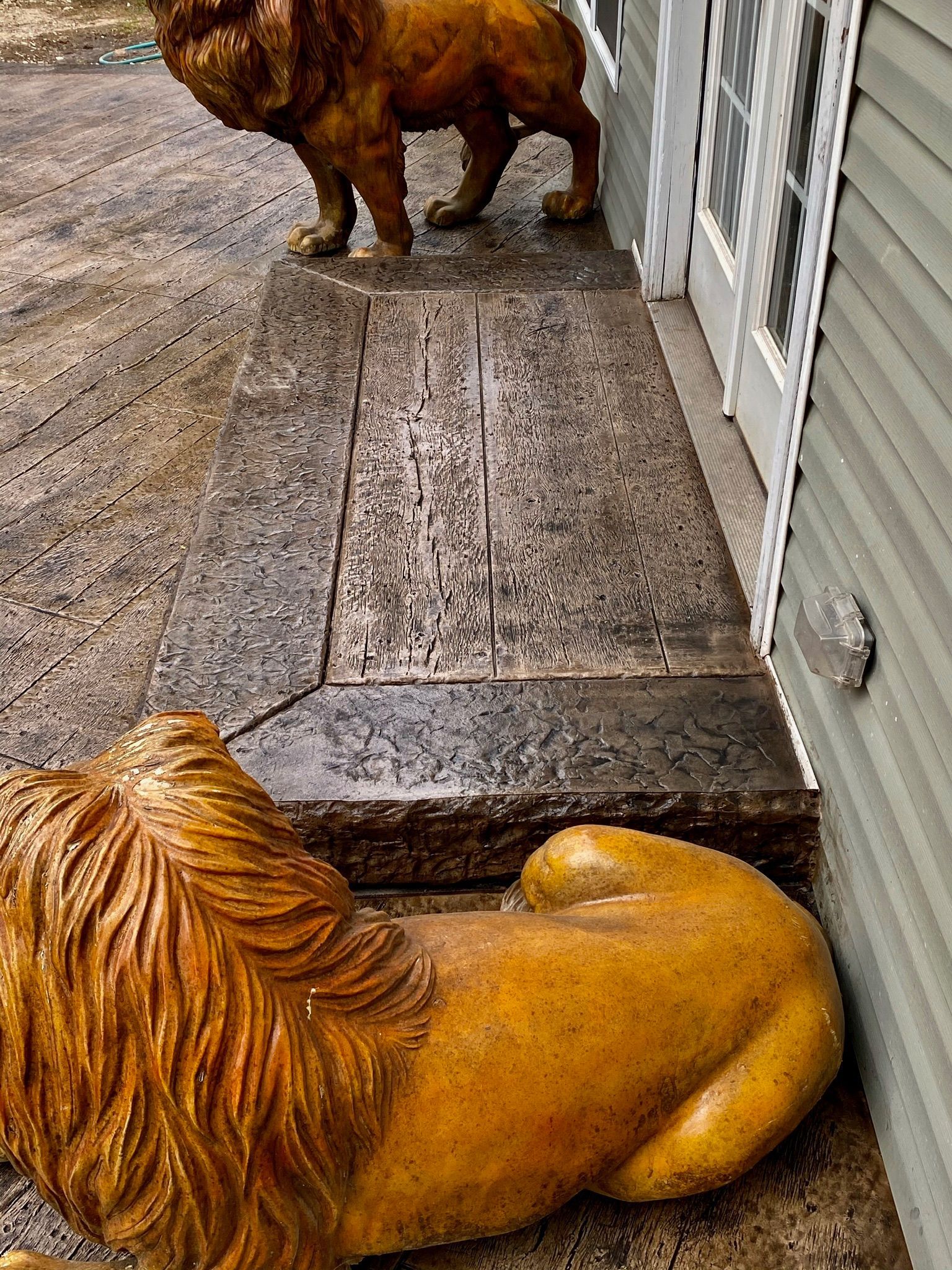 Two golden lion statues flank a textured concrete walkway alongside a building with a green exterior.