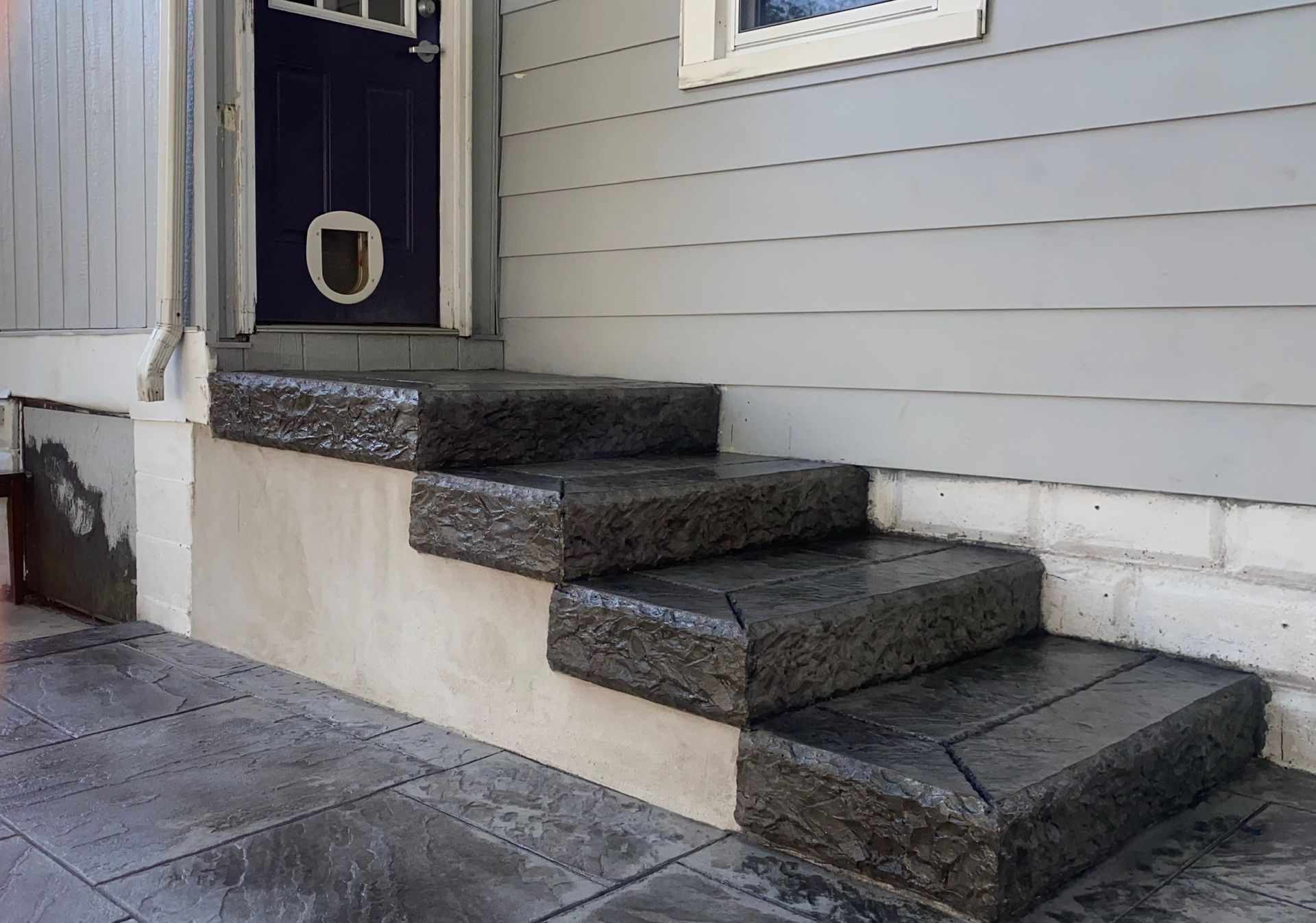 Dark gray concrete steps leading to a blue door with a cat flap, against gray siding.