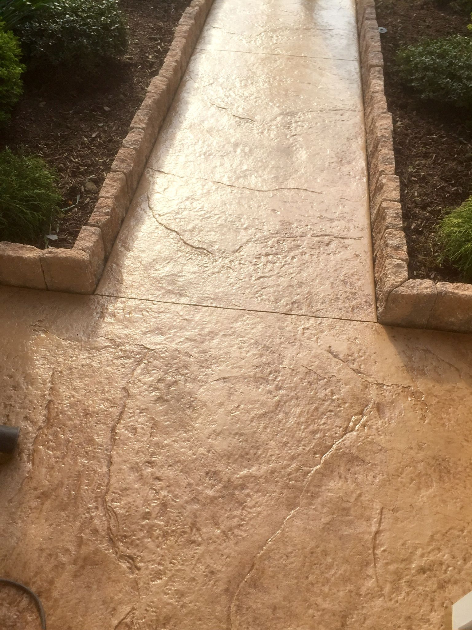 Stone pathway with landscaped beds on either side.