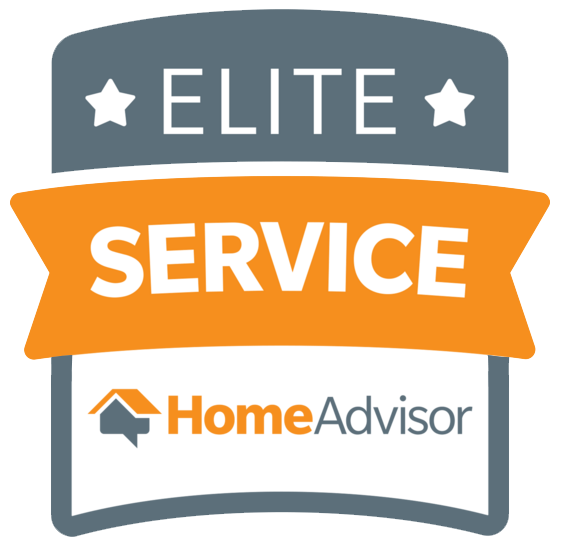 HomeAdvisor Elite Service badge: orange and grey graphic with text and stars.