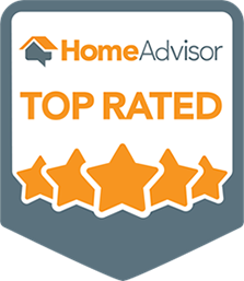 HomeAdvisor Top Rated badge with orange text and five stars.