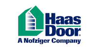 Haas Door logo with green door icon and blue text, “A Nofziger Company”