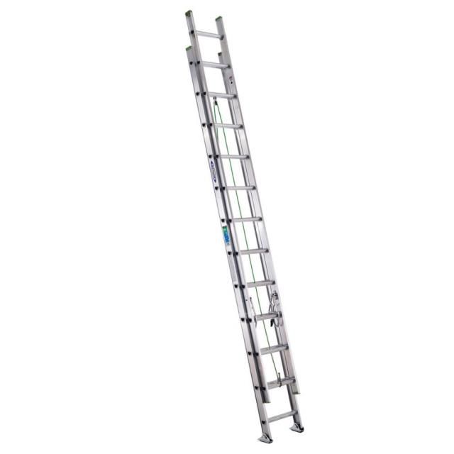 Silver extension ladder leaning against a white background.