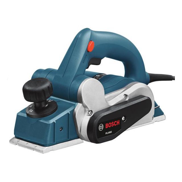Blue Bosch power planer, used for woodworking.