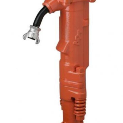 Orange pneumatic jackhammer with air hose attached.