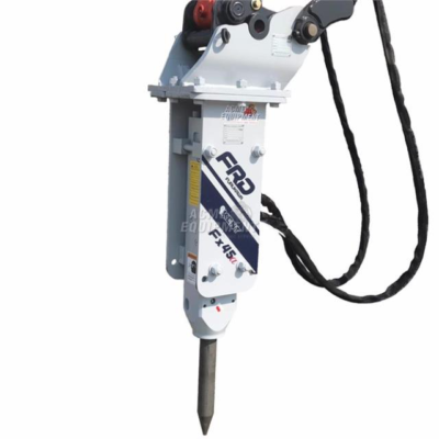 White hydraulic breaker, FRD FX45, for construction, with pointed chisel and black hoses.