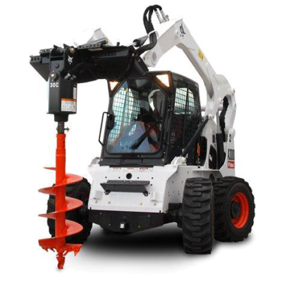 White Bobcat skid-steer loader with an orange auger bit, ready to drill.