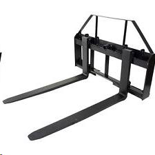 Black forklift attachment with two parallel prongs extending forward.