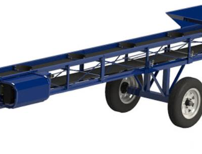 Blue conveyor belt on wheels, likely for moving materials.
