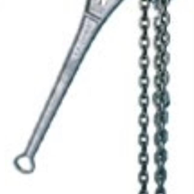Chain wrench, metal tool with handle and attached chain, for gripping and turning pipes.