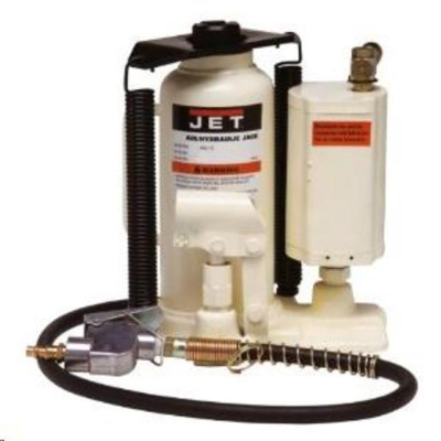 White Jet air hydraulic jack with black hose and fittings.