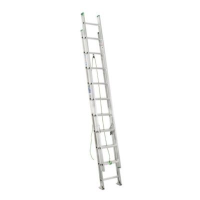 Aluminum extension ladder leaning against a white background. Green rope visible.
