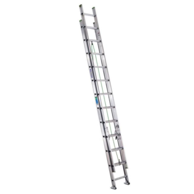Aluminum extension ladder angled against a white background.