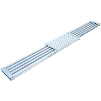 Aluminum scaffolding plank, horizontally extended with parallel slotted surface.