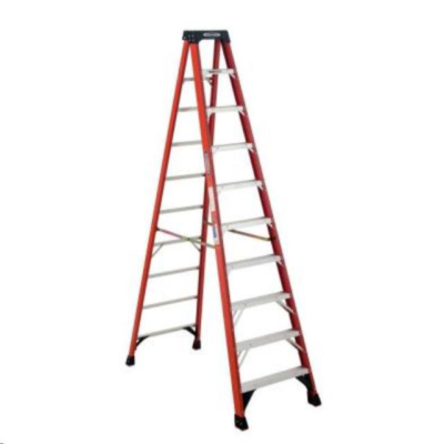 Red and silver step ladder on a white background.