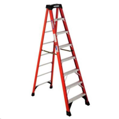 Red and silver stepladder on white background.