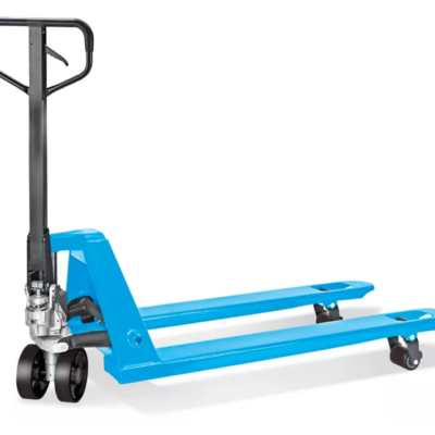 Blue pallet jack, used for lifting and moving pallets.