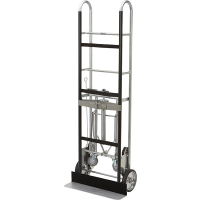 Silver and black hand truck with two wheels.