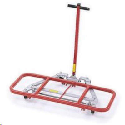 Red and silver furniture dolly with a vertical handle on a white background.
