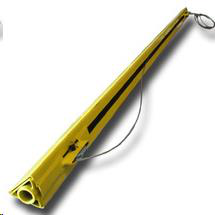 Yellow, triangular-shaped traffic cone with black stripes and a wire, on a white background.