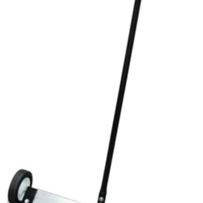 Magnetic pickup tool with black handle and wheels.