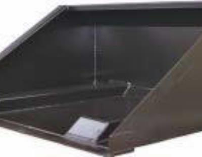 Black metal debris container with angled sides and a hinged lid.