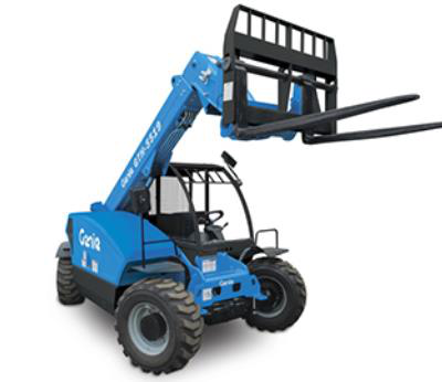 Blue Genie telehandler with forks extended, ready to lift.