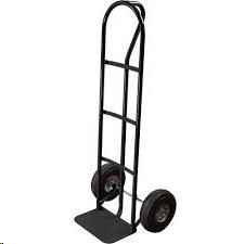 Black hand truck with two wheels, a base, and a tall handle.