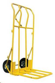 Yellow hand truck with black wheels, designed for moving boxes and other heavy items.