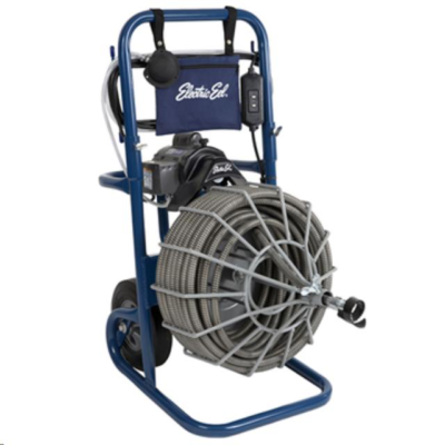 Blue Electric Eel drain cleaning machine on a wheeled frame with coiled cable.