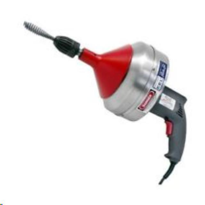 A handheld electric drain snake tool with a red funnel and a black spiral auger.