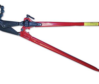 Red bolt cutter tool with black handles and metal blades.