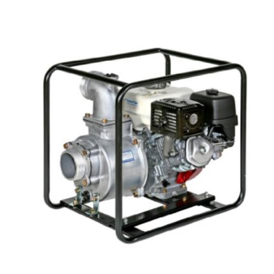 Gas-powered water pump within a black metal frame. Gray metal pump, white fuel tank, and black engine.