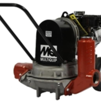 Gas-powered Multiquip trash pump with a black body, red components, and a handle.