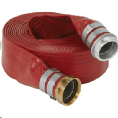 Red fire hose coiled with metal couplings.