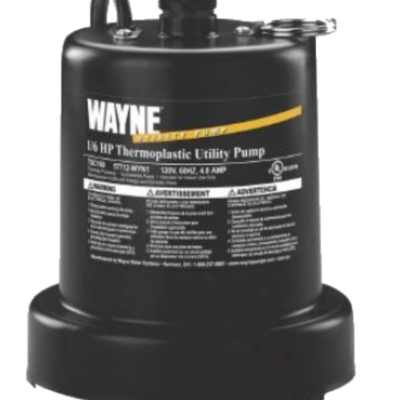 Black Wayne utility pump with yellow lettering and warning labels.