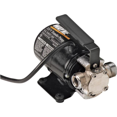 Black and silver Wayne 12V transfer pump with handle and power cord on black base.