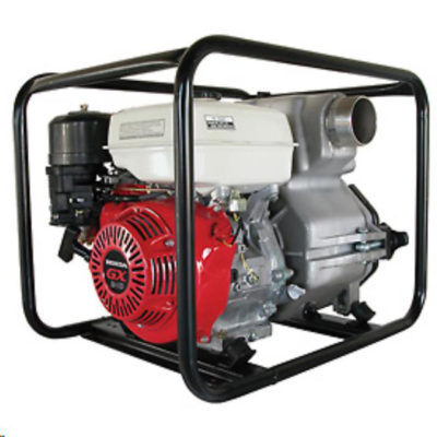 Red and silver gasoline water pump with a black frame.