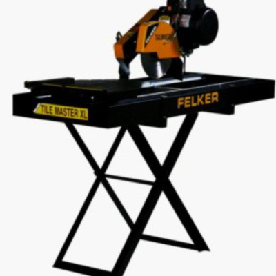 Black Felker Tile Master XL saw, orange blade, black table, and X-frame stand.