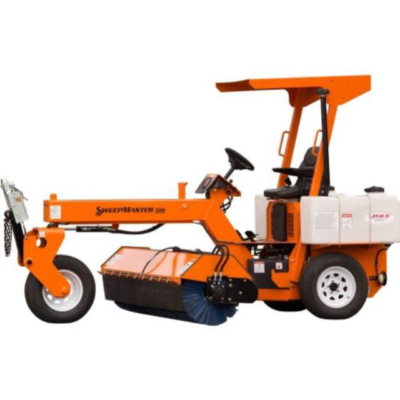 Orange industrial sweeper vehicle with a canopy, side brushes, and water tank.