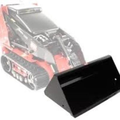 Black bucket attachment for a tracked skid steer loader.