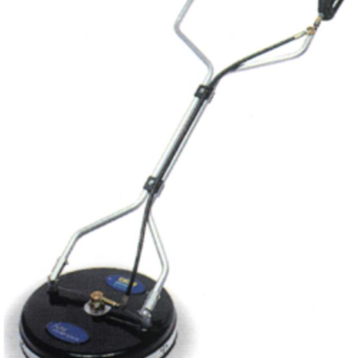 Pressure washer surface cleaner with black circular base, silver arms, and hose.