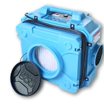 Blue HEPA air filtration system with a circular filter and control panel.