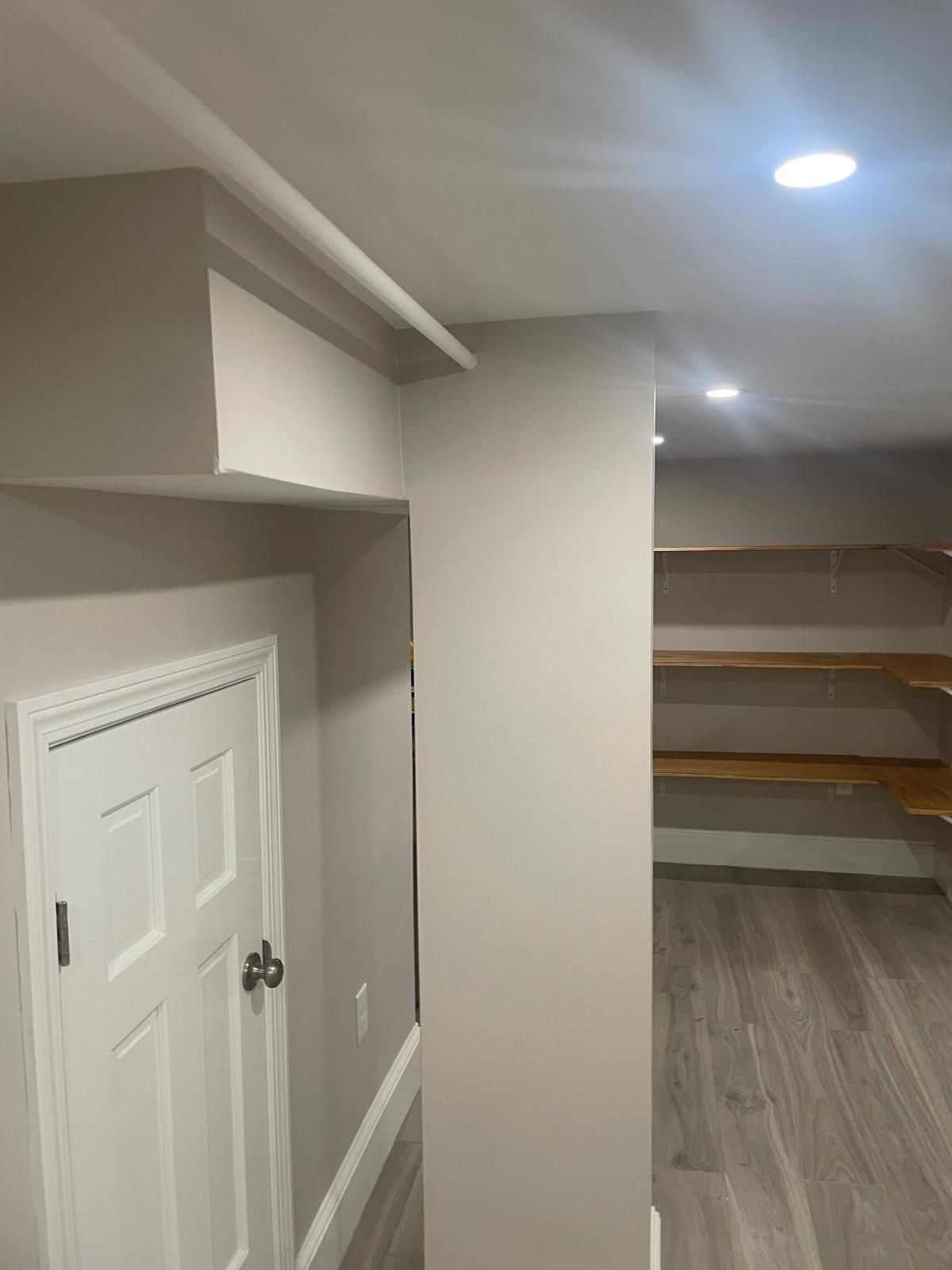 A hallway with a door and shelves in a basement.